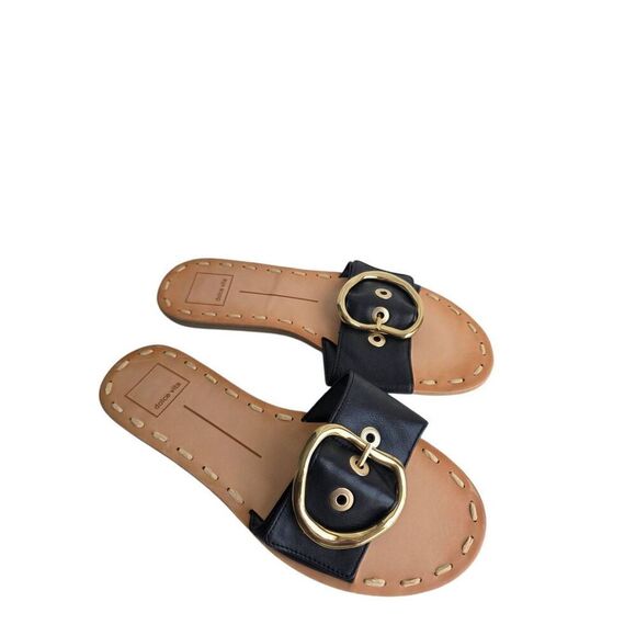 Dolce Vita Danna Slide Sandal Size 7 Black Rich Leather Open Toe Buckle Detail - Picture 3 of 8